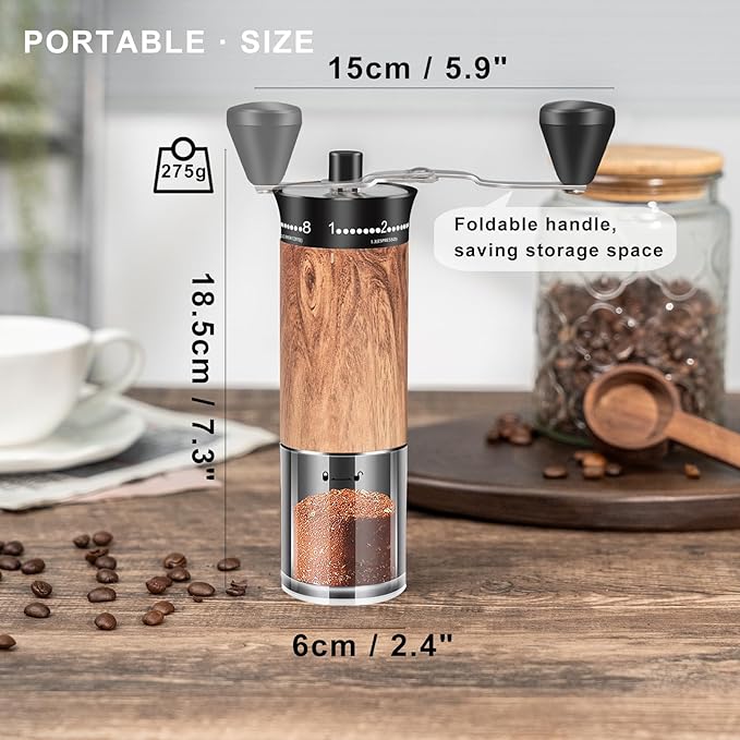 Manual Coffee Grinder with Externally Adjustable 56 Precise Grind Settings,Foldable Long Handle,Wood Grain Body & Ceramic Burr, Portable Coffee Bean Grinder for Espresso,Pour Over,French Press,Travel