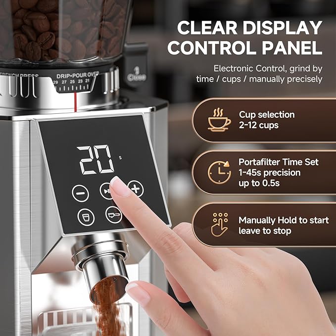 Burr Coffee Bean Grinder for Home Use with 45 Precise Grinding Settings, Espresso Grinder with Height Adjustable Funnel Stand, LED Touch Panel, Anti-static Design, Micro Switch User Friendly