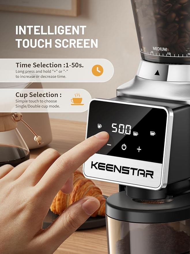 Burr Coffee Grinder, Keenstar Conical Coffee Bean Grinder with 34 Grind Settings for Home Use, Precision Timer, Touchscreen, Anti-static, Stainless Steel, Easy to Clean with Brush