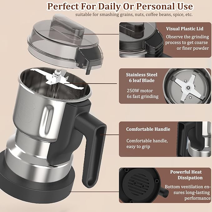 Spice Grinder, 250W Powerful Electric Coffee Grinders, 500ml Mini Home Grinder Smash Machine with Steel 6-Blades for Grinding Coffee Beans Spices Dry Herbs Nuts,One-Button Operation