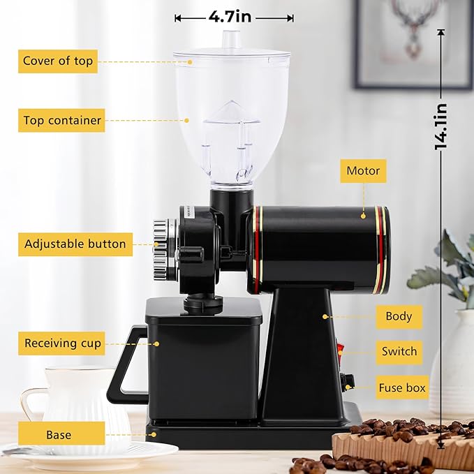 Burr Coffee Grinder Electric Espresso Grinder Commercial & Homeuse Silent Small Coffee Bean Grinder with Hopper Adjustable Grind, With Brush, Spoon, Black