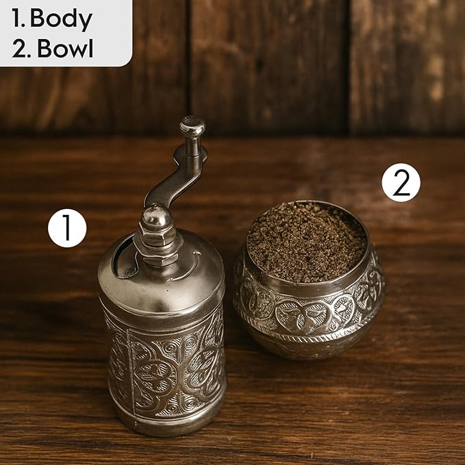 Handmade Decorative Black Pepper Grinder, Refillable Turkish Spice Mill Manual Pepper Mill with Handle, Spice Grinder Metal with Hand Crank 11 cm-4.3 inch (Silver)