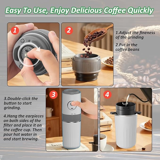 Portable All-in-one Electric Burr Coffee Grinder and Brewing Kit, Rechargeable with Conical Mill & Insulated Stainless Steel Cup, for Camping, Travel, Office, Home Use (White)