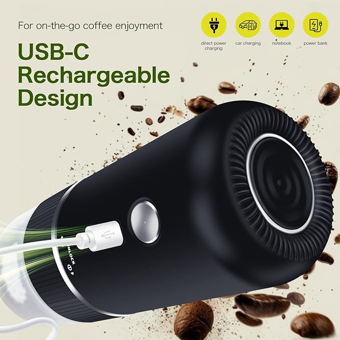 Portable Burr Coffee Grinder, Rechargeable Electric Coffee Bean Grinder with Adjustable Coarseness, Cordless Small Espresso Coffee Mill for Home Use, Travel, Camping, Office (Black)