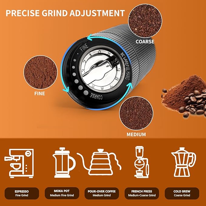 Espresso Manual Burr Coffee Grinder – CNC Stainless Steel Conical Burrs, Dual Bearings, Precision Adjustable Hand Grinder, Portable Travel Coffee Bean Grinder