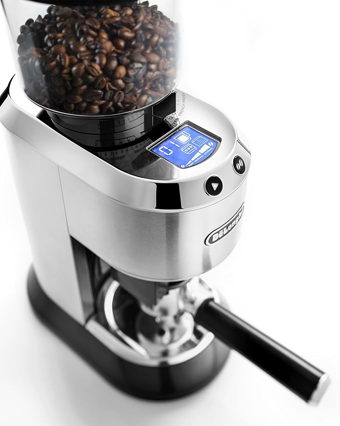De'Longhi Dedica Conical Burr Grinder with Portafilter Attachment, 6.9 x 11.2 x 18.1 inches, Silver