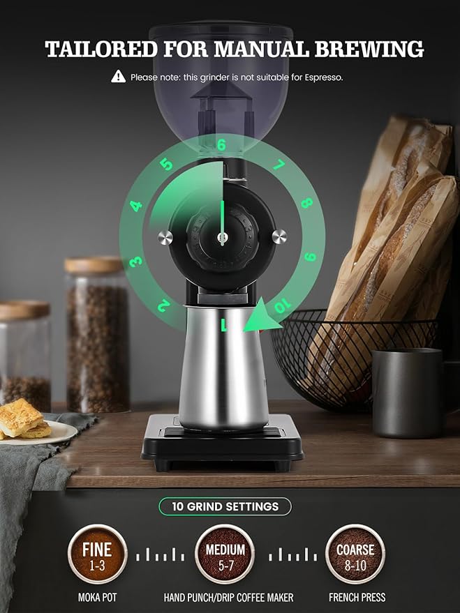 Huanyu 78mm Stainless Steel Ghost Teeth Burr Coffee Grinder Electric - Light-Shielding Hopper for Home Pour Over Coffee, Black