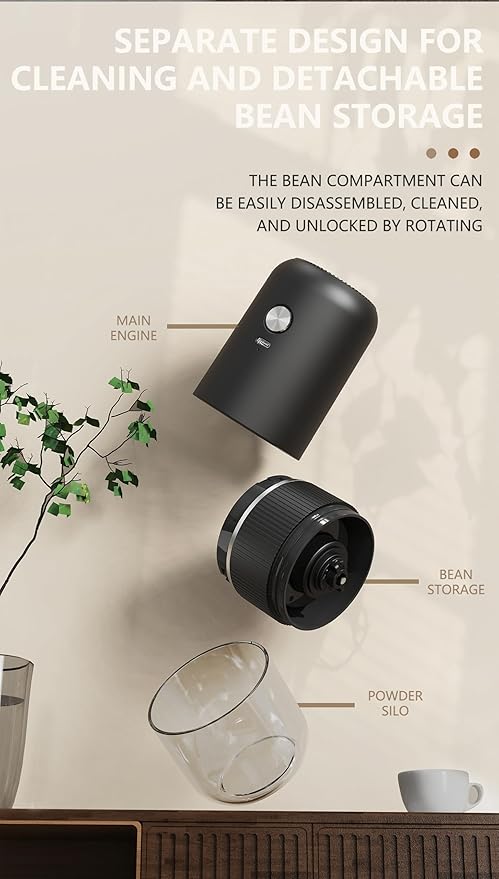 Electric Coffee Grinder Rechargeable Mini Coffee Grinder Adjustable Coarse to Fine for Coffee Beans, Spices, Herbs, Portable for Travel, Camping (black)