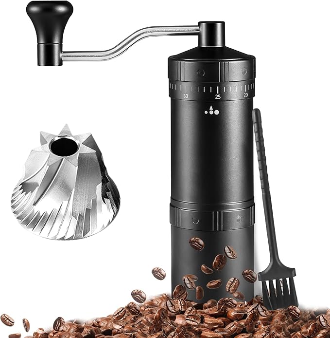 Manual Coffee Grinder-7 Star Stainless Steel Burr Capacity 25g, External Adjustable Setting Portable Hand Coffee Grinder for Camping,All Aluminum Alloy Body Coffee Grinder Manual for Espresso