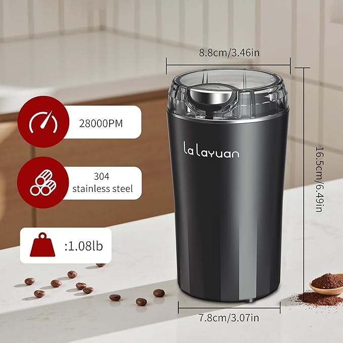 Electric Coffee Grinder, 200W, Stainless Steel Cutter Head, Portable, Household Spice Grinder, 28,000 RPM, Can Make 12 Cups of Coffee At A Time, Suitable for Office Camping (Black)