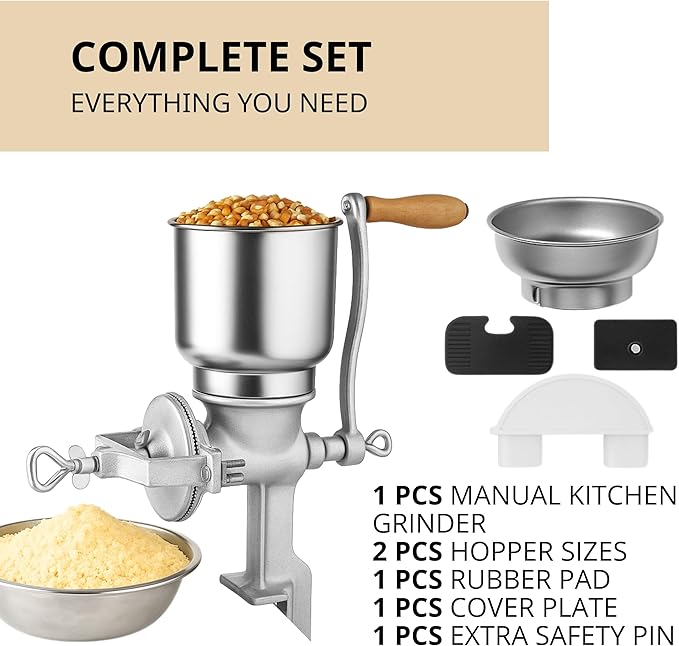 Manual Grain Mill Grinder – Cast Iron Hand Crank Mill with 2 Hoppers for Corn Wheat Coffee Flour Silver Grain Grinder Manual for Kitchen Includes Plate Cover Rubber Pad Extra Pin