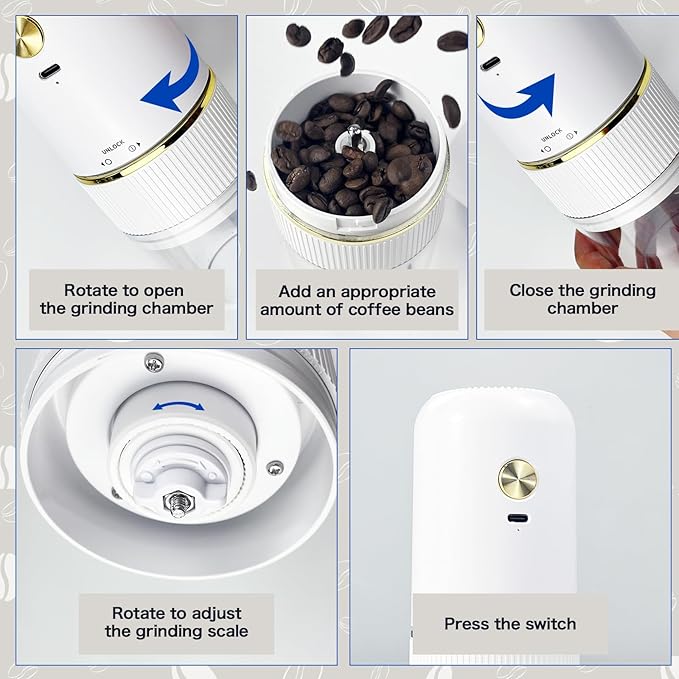 Portable Burr Coffee Grinder, Rechargeable Electric Coffee Bean Grinder with Adjustable Coarseness, Cordless Small Espresso Coffee Mill for Home Use, Travel, Camping, Office (White)