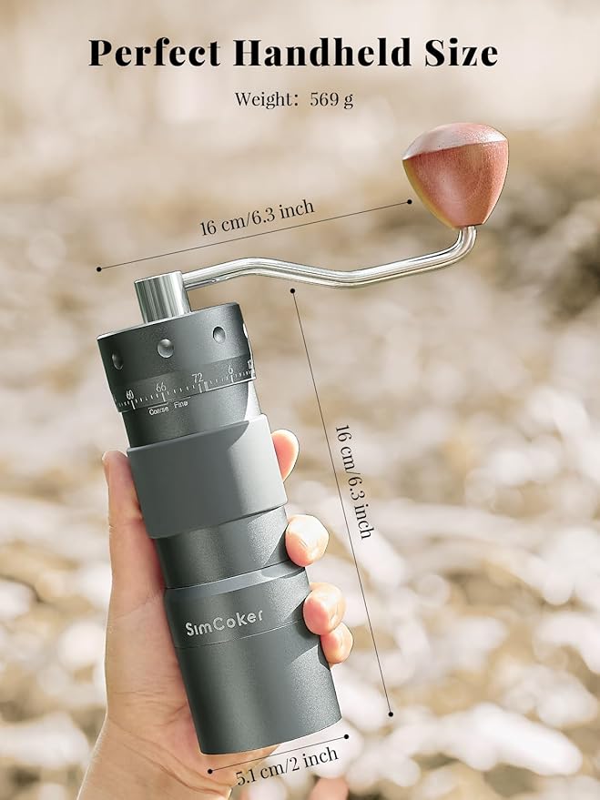 Manual Coffee Grinder with 16μm External Adjustment, Precision Espresso & Pour Over Grinder, CNC Stainless Steel Conical Burr, Drill-Compatible Aluminum Body, Portable Coffee Grinder, Grey