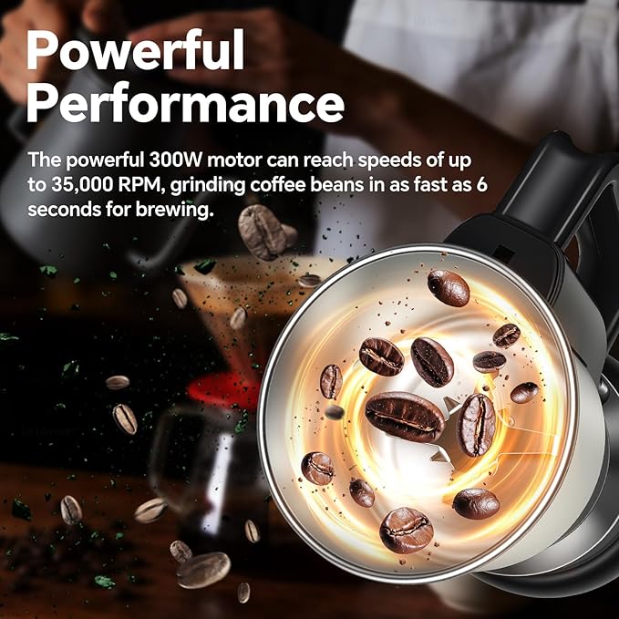 Electric Coffee Bean Grinder, 300W Motor, 8-Blade Stainless Steel, 14oz/250g Capacity, for Spices Grains Nuts, with Hand Wash Bowl, electric blade coffee grinders