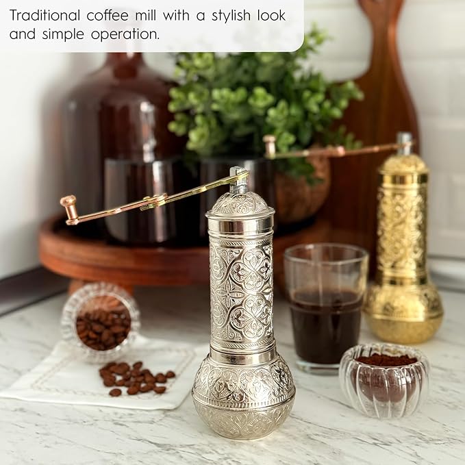 Decorative Handmade Coffee Grinder, Refillable Turkish Spice Mill, Manual Coffee Mill with Handle, Coffee Grinder Metal with Hand Crank 18 cm-7.1 inch (Silver)