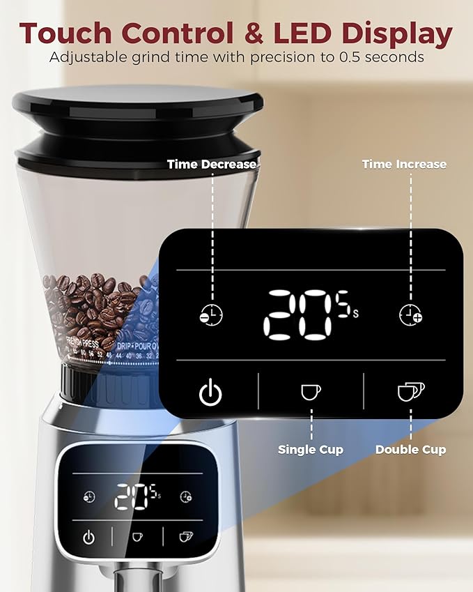 Tuni G2 Silver Conical Burr Coffee Grinder with Black Digital Coffee Scale, 70 Grind Settings Anti-static Burr Mill for Espresso/Drip/Cold Brew/French Press
