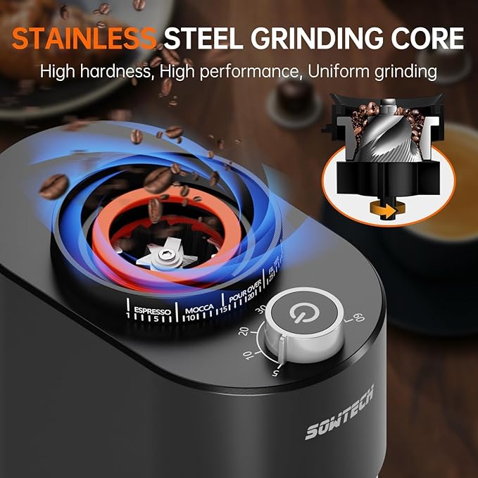 SOWTECH Conical Burr Coffee Grinder, Adjustable Electric Mill, 38 Precise Grind Settings, Precision Timer, for Espresso, Drip and French Press, Home &Office, Black