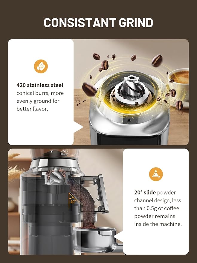 Keenstar Conical Burr Coffee Grinder, Coffee Bean Grinder with 34 Grind Settings for Home Use, Precision Timer, Touchscreen, Anti-static, Stainless Steel