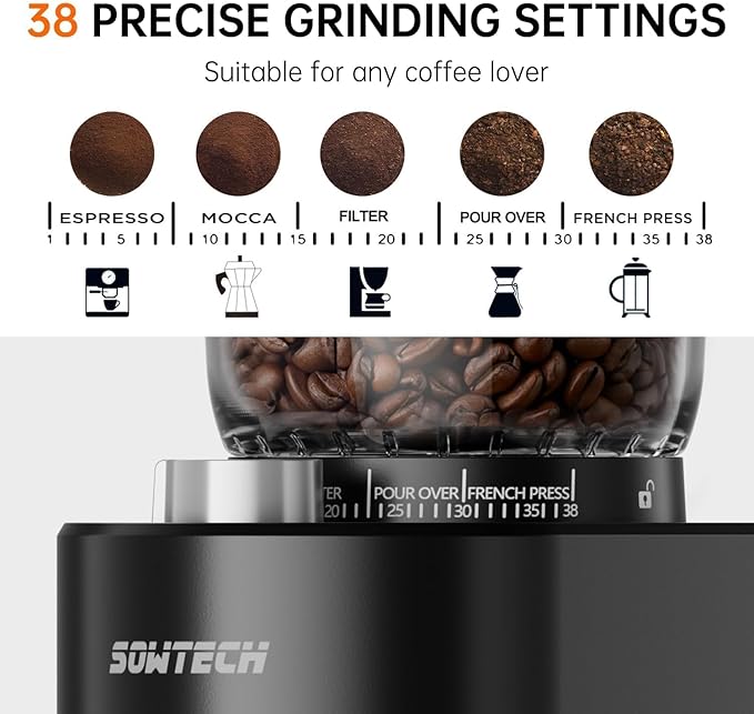 SOWTECH Conical Burr Coffee Grinder, Adjustable Electric Mill, 38 Precise Grind Settings, Precision Timer, for Espresso, Drip and French Press, Home &Office, Black