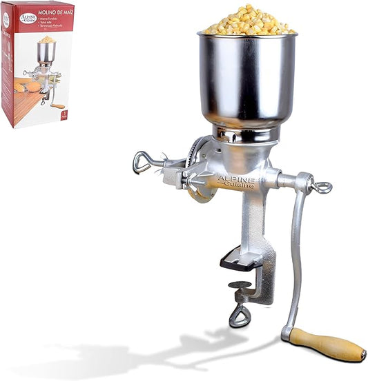 Alpine Cuisine Manual Cast Iron Coffee Grinder 17" High Hopper Multi-Purpose Mill for Corn Nuts Wheat Spices Seed Herbs Heavy Duty for Kitchen Homes & Restaurant, Silver