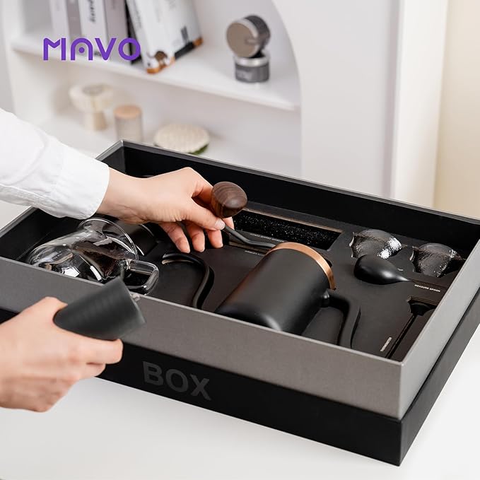 MAVO Pour Over Coffee Maker Set, 12 in 1 Set Box, Manual Coffee Grinder, Pour Over Kettle, Glass Servers, Coffee Cup, Ceramic Pour Over Coffee Dripper with Tray, Paper Filter, Black
