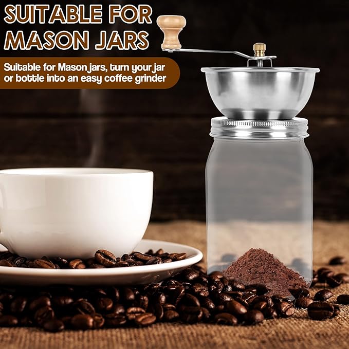 Mason Jar Coffee Grinder, Hand Coffee Bean Grinder, Manual Coffee Grinder Lid Attachment, Detachable Hand Coffee Bean Grinder, Stainless Steel Crank Burr Grinder for Mason Jars (86mm)