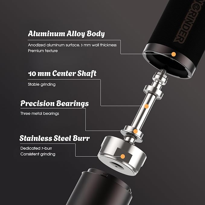 KINGrinder K7 Manual Coffee Grinder, Bent Handle, Magnetic & Clip Powder Catcher, Pro‑Level 7‑Edge Stainless Steel Conical Burr, 30–35g Capacity