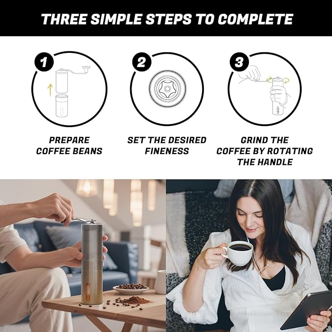 Manual Coffee Grinder with Ceramic Conical Burr - Adjustable Setting Coffee Bean Grinder for Espresso Drip French Press - Portable Hand Crank with Detachable Handle