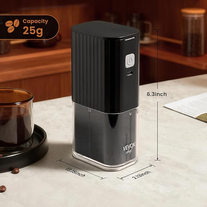 VEVOK CHEF Portable Electric Coffee Grinder,Adjustable Conical Burr Coffee Bean Mill,One-Button Grinder with USB Rechargeable,Auto‑Stop for Espresso to French Press,for Outdoor Use(Black)
