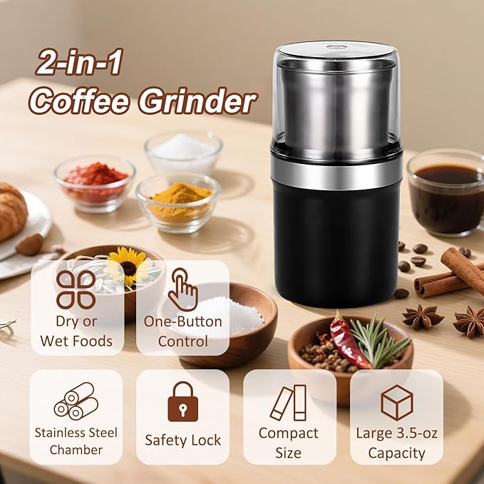 Spice Grinder, 200W Powerful Electric Coffee Bean Grinder with 2 Removable Stainless Steel Bowls, 100g Capacity Large Capacity for Coffee Bean Spices and Seeds
