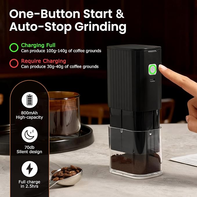 VEVOK CHEF Portable Electric Coffee Grinder,Adjustable Conical Burr Coffee Bean Mill,One-Button Grinder with USB Rechargeable,Auto‑Stop for Espresso to French Press,for Outdoor Use(Black)