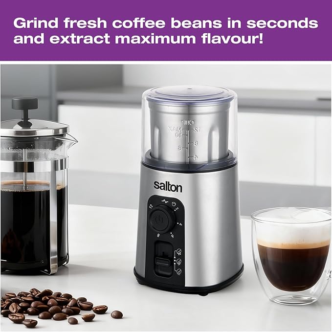 Salton Stainless Steel Smart Coffee Grinder, Electric Blade for Ground Coffee, Spices, Herbs, Nuts with Stainless Steel Blade, 80g/12 cup capacity (CG2123)