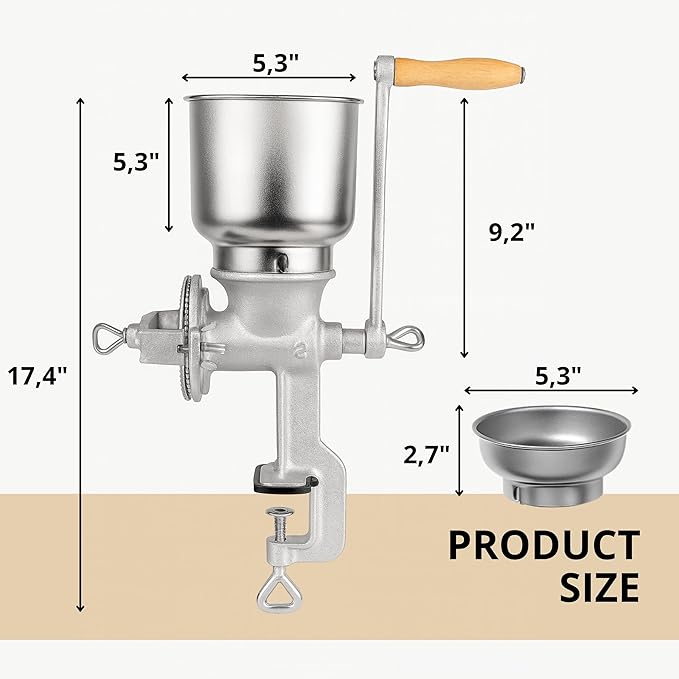 Manual Grain Mill Grinder – Cast Iron Hand Crank Mill with 2 Hoppers for Corn Wheat Coffee Flour Silver Grain Grinder Manual for Kitchen Includes Plate Cover Rubber Pad Extra Pin