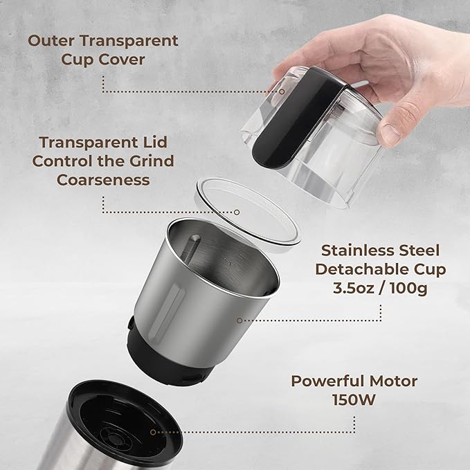 Kaffe Electric Coffee Grinder with Removable Cup (3.5oz) - Stainless Steel - Cleaning Brush Included - Espresso Coffee Bean Grinder for Home Use