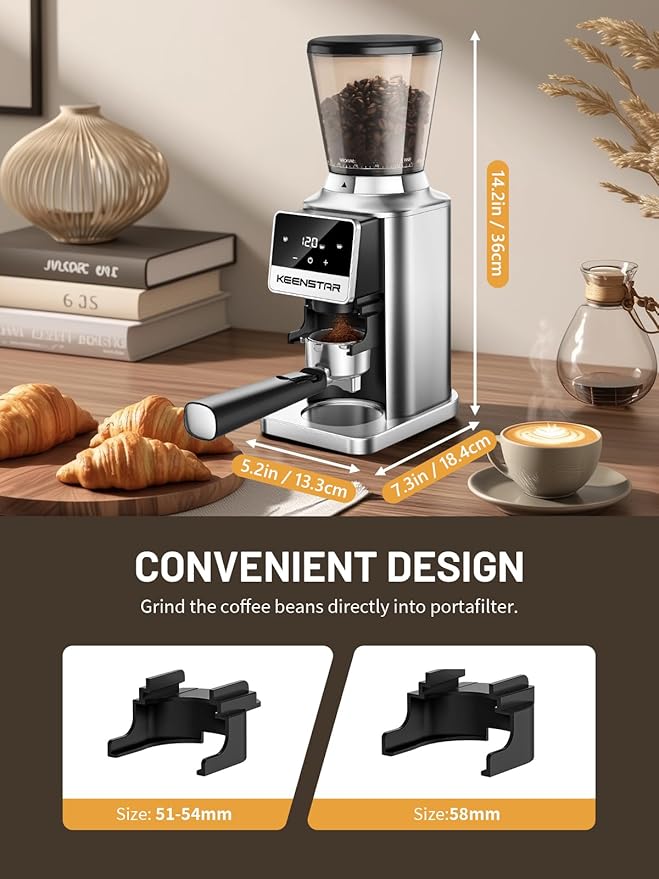 Keenstar Conical Burr Coffee Grinder, Coffee Bean Grinder with 34 Grind Settings for Home Use, Precision Timer, Touchscreen, Anti-static, Stainless Steel