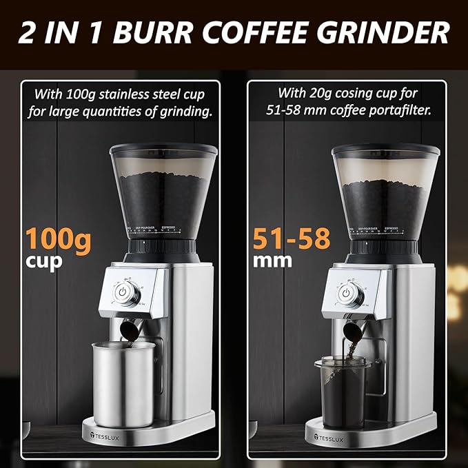 Conical Burr Coffee Grinder Electric, Espresso Coffee Bean Grinder for Home Use with 48 Precise Grind Settings, Anti-static Design, Precision Timer, Sliver