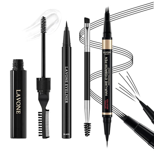 Microblading Eyebrow Pen Kit - Waterproof Brow Makeup Set with Eyebrow Pencil, Eyebrow Gel Clear, Eyeliner, Dual-ended Eyebrow Brush, Natural Looking Brows with Long-Lasting All-Day Hold - Black