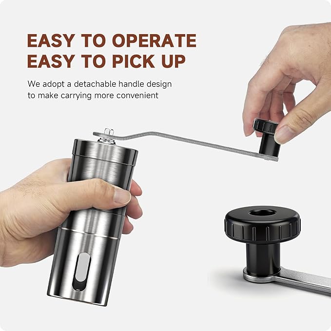 Manual Stainless Steel Coffee Grinder, Portable Conical Burr Hand Crank Grinder for Espresso, Pour Over, French Press & Camping, Quiet Adjustable Grind, Detachable Handle, Travel-Friendly