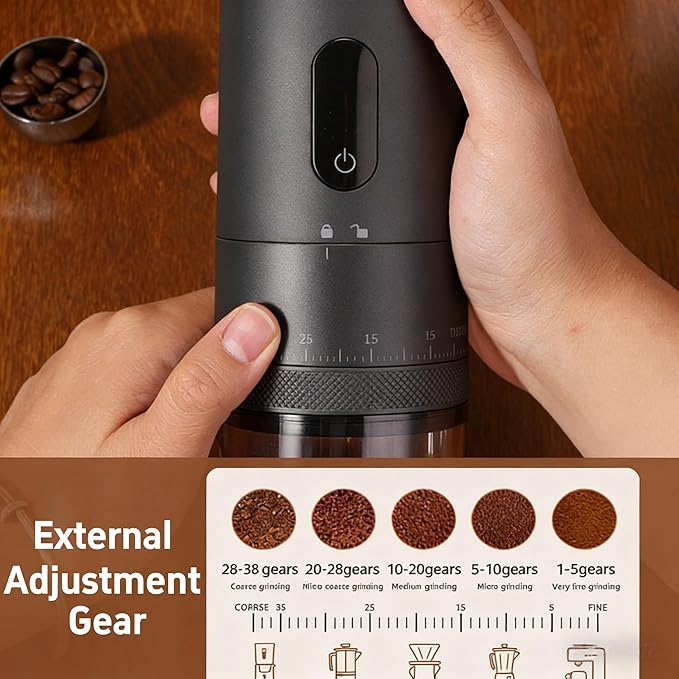 Conical Burr Coffee Grinder. Portable Electric Espresso Bean Grinder for Travel, Camping.Rechargeable Cordless Coffee Grinders with 38 Adjustable Grind Settings