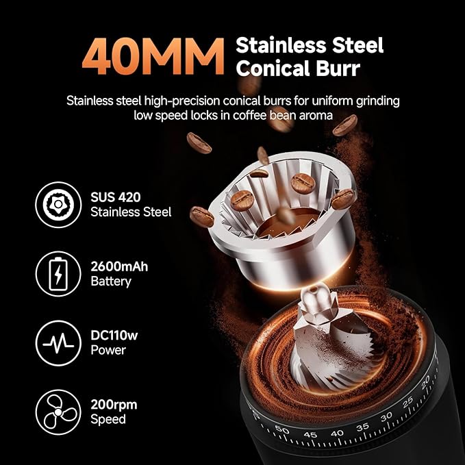 AAOBOSI Coffee Grinder, Cordless Coffee Bean Grinder with 60 Grind Settings,Conical Burr Coffee Grinder Suitable for Indoor Home,Office & Outdoor Camping,Travel Use,Anti-Static,5-98s Timer.
