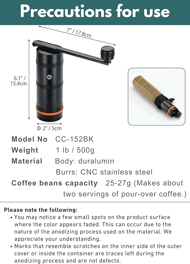 CAMPINGMOON Portable Manual Coffee Grinder, Stainless Steel Burr, Foldable Handle, Hand Grinder for Camping & Travel CC-115,CC-152 (Black, M (25-27g))