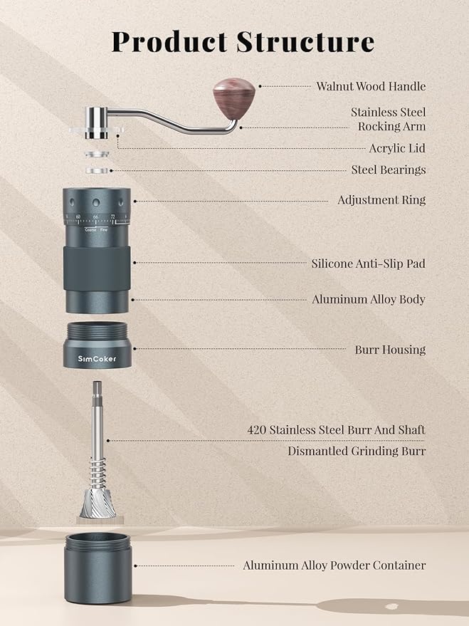 Manual Coffee Grinder with 16μm External Adjustment, Precision Espresso & Pour Over Grinder, CNC Stainless Steel Conical Burr, Drill-Compatible Aluminum Body, Portable Coffee Grinder, Grey