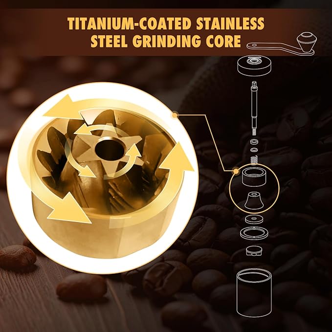 Manual Coffee Grinder - Hand Coffee Bean Grinder, Titanium-Coated Grinding Core - Aluminum Alloy Rocker with Ebony Wood Handle - Adjustable Grind Size - With Brush & Storage Bag (White)