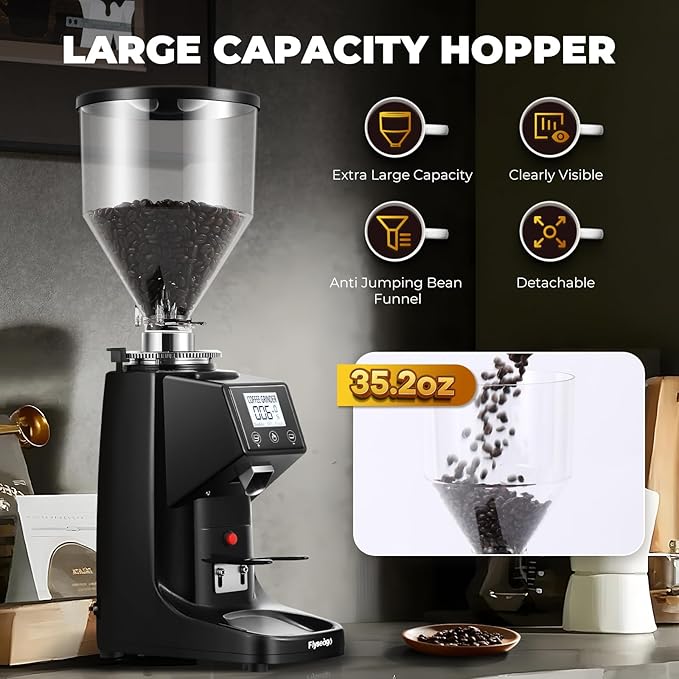 Commercial Coffee Grinder Electric - 64mm SS Flat Burr, Digital Touch Screen, 19 Adjustable Settings, 35oz Large Hopper, Black