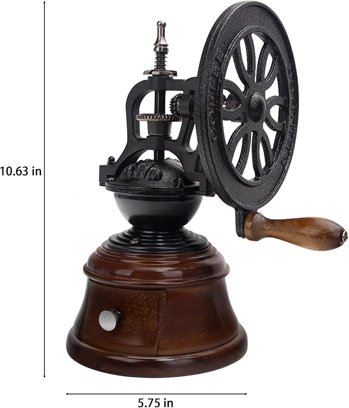 Vintage Manual Coffee Grinder, Cast Iron and Wood Construction, Adjustable Burr Mill with Collection Box, Black and Brown, 10.63x5.75 Inch