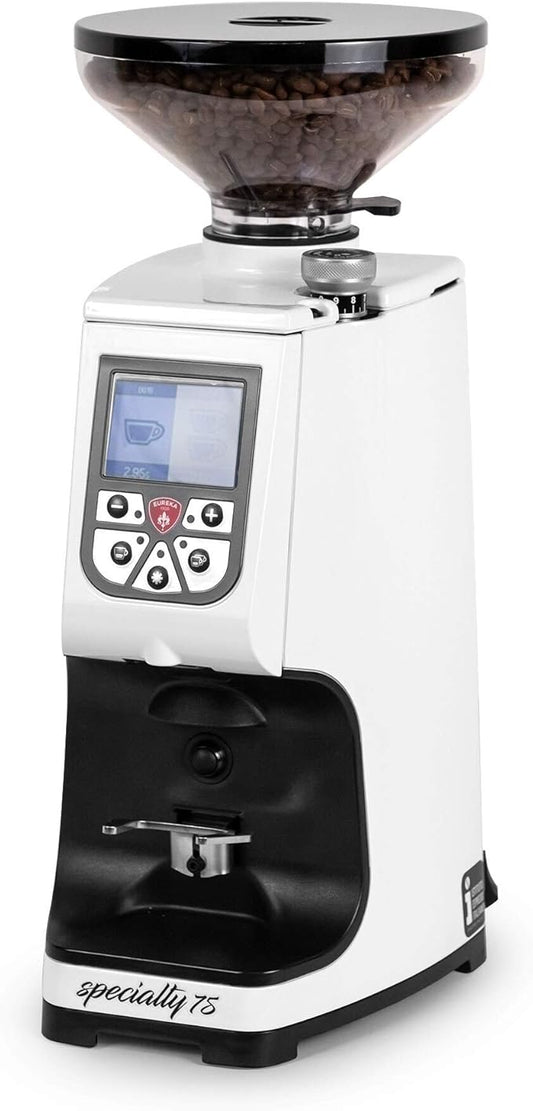 Eureka Atom Specialty 75 Commercial Espresso Grinder - Short Hopper | 75mm Flat Burrs | Silent Technology | Timed Dosing | Stepless | (White)