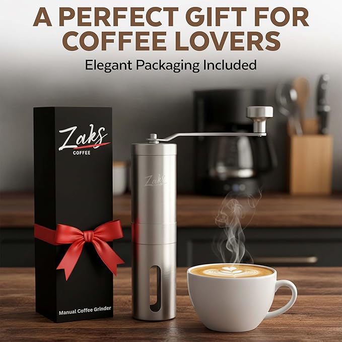 ZaksCoffee Manual Coffee Grinder Stainless Steel Core – Hand Coffee Grinder with 11 Adjustable Settings, Durable Handle and Knob, Portable and Quiet Design for Travel or Home Brewing