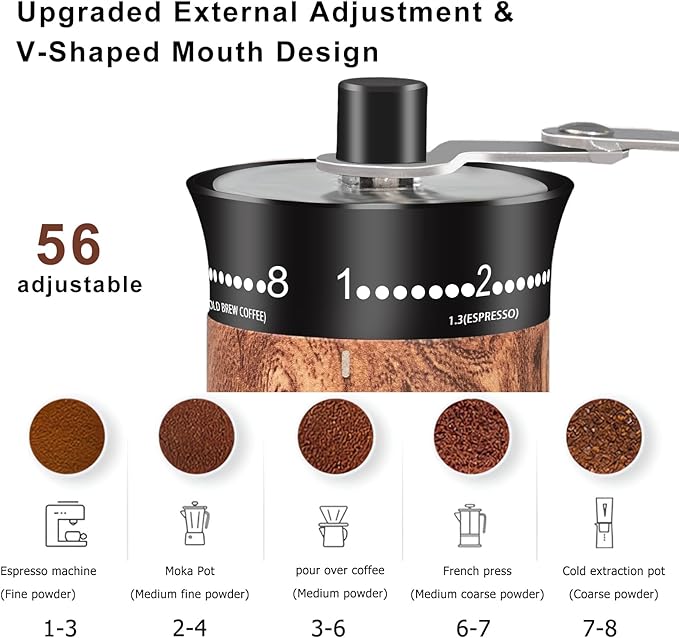 Manual Coffee Grinder with Externally Adjustable 56 Precise Grind Settings,Foldable Long Handle,Wood Grain Body & Ceramic Burr, Portable Coffee Bean Grinder for Espresso,Pour Over,French Press,Travel