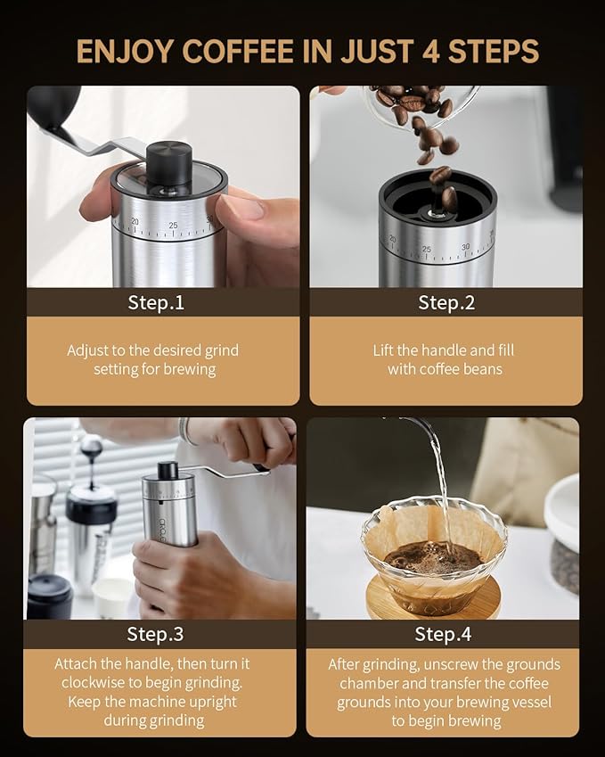CIRCLE JOY Manual Coffee Grinder with 40 External Adjustable Settings and Ceramic Conical Burr, Portable Stainless Steel Hand Coffee Grinder for Camping, Travel and Espresso