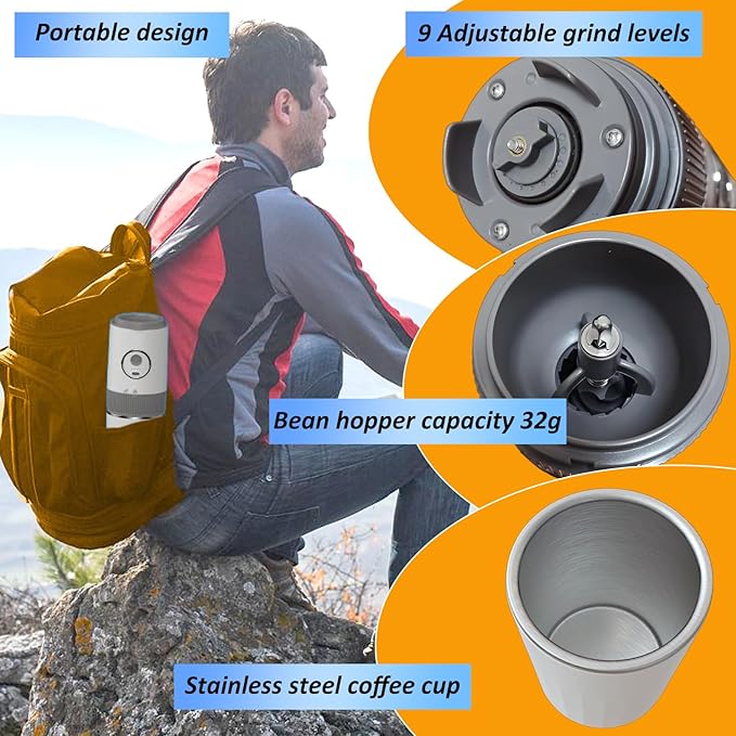Portable All-in-one Electric Burr Coffee Grinder and Brewing Kit, Rechargeable with Conical Mill & Insulated Stainless Steel Cup, for Camping, Travel, Office, Home Use (White)